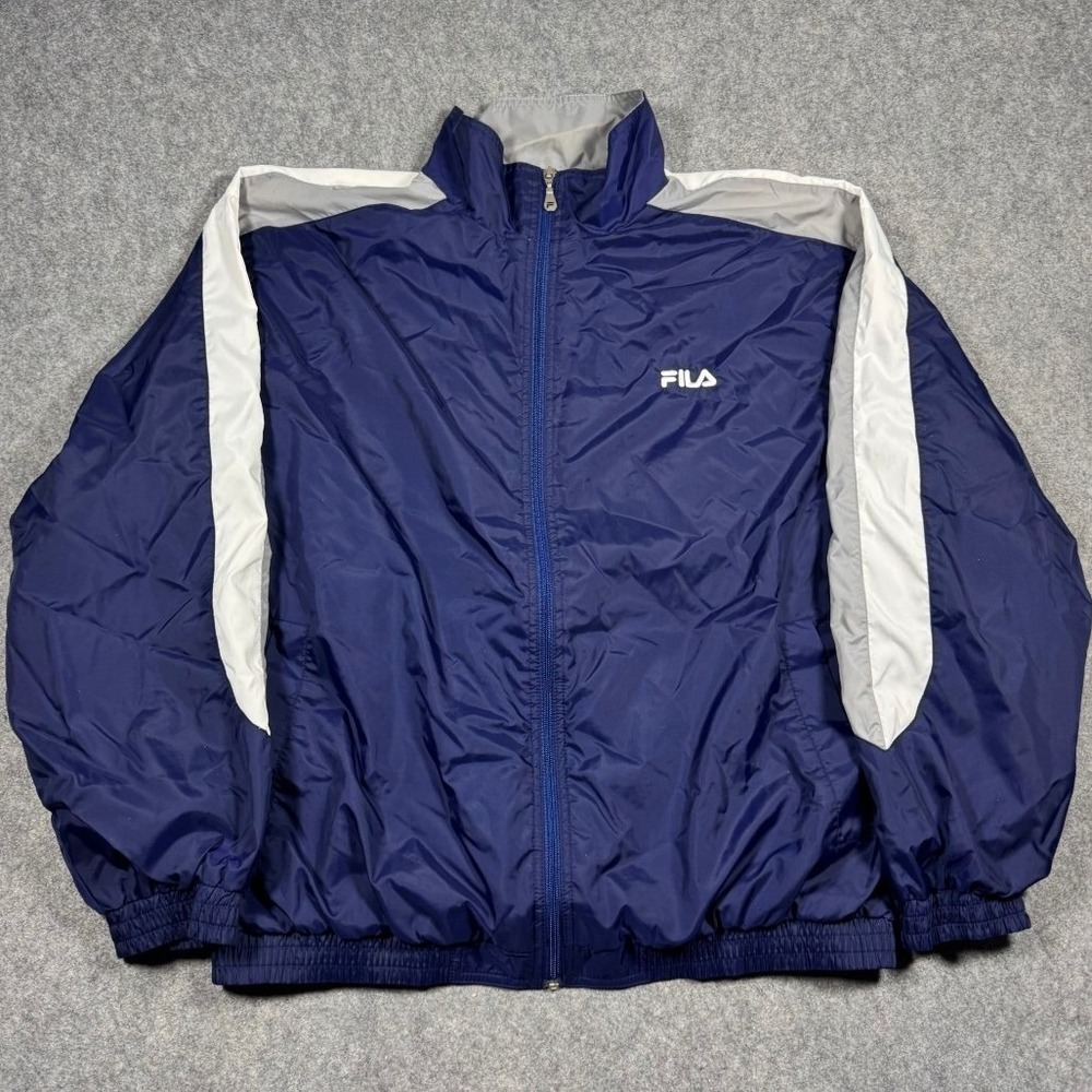 Fila Mens XL Windbreaker Jacket Navy Blue White Grey Colorblock‎ Full Zip Mesh